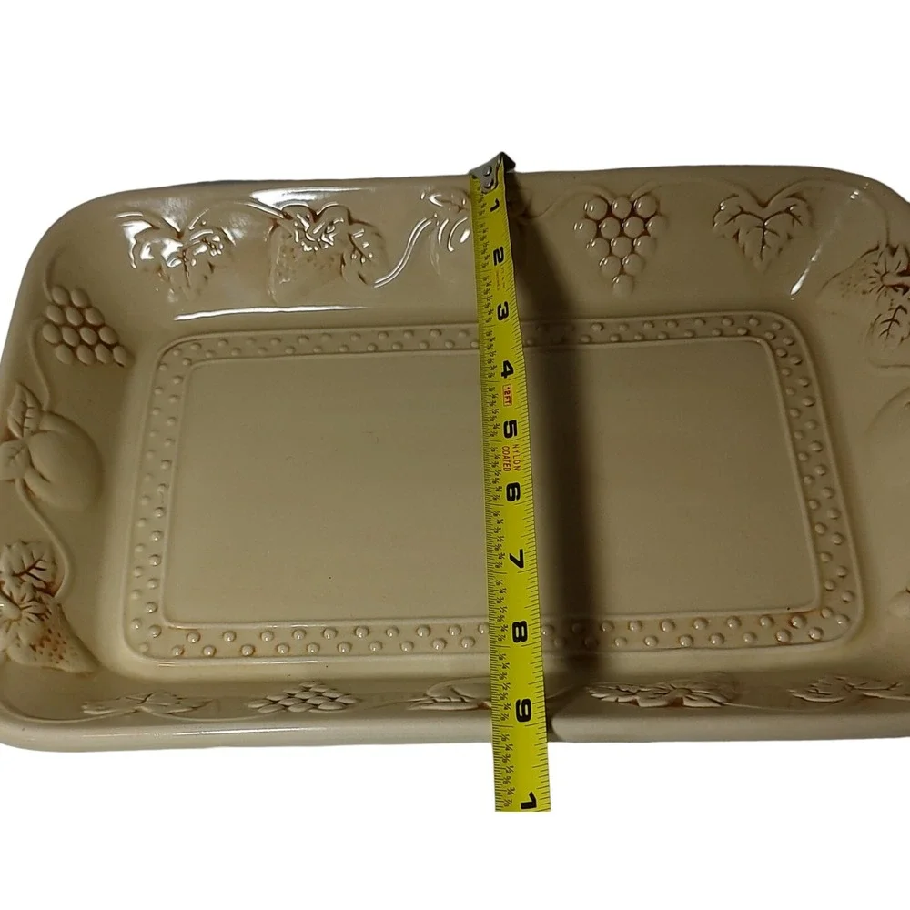 Vintage Platter Ceramic Embossed Grapes Leaves Strawberries 13 x 9 in Beige Fall